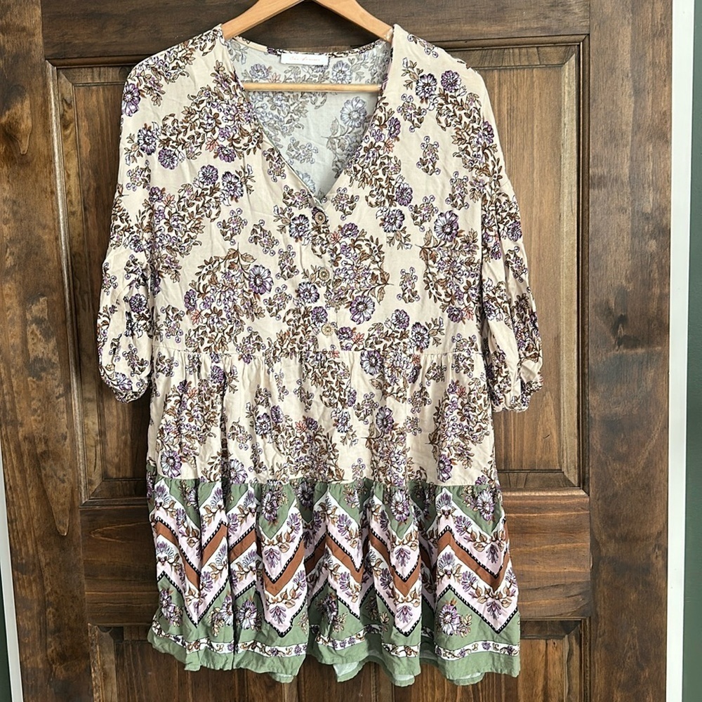 Ces Femme cream green purple floral babydoll mini dress pockets size small